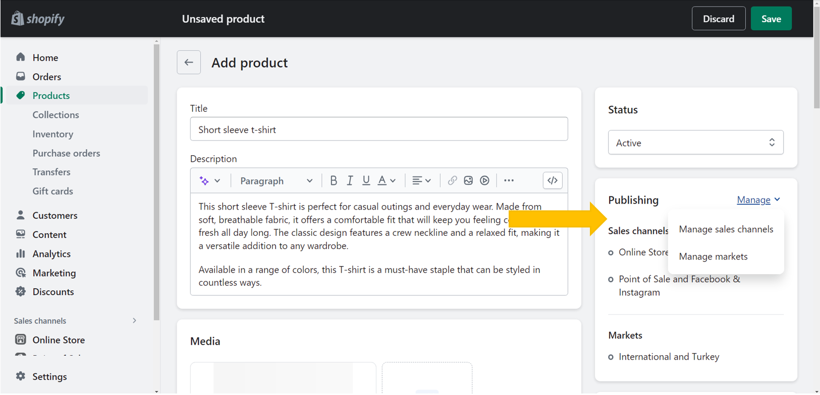 Shopify's admin interface, an e-commerce website builder for clothing stores, displaying product add page in admin panel